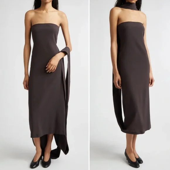 Paloma Wool Alberch Strapless Wool Blend Chocolate Brown Dress w/ Attached Scarf - Picture 4 of 12